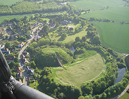 Aerial picture of Pleshey Castle taken from a balloon basket