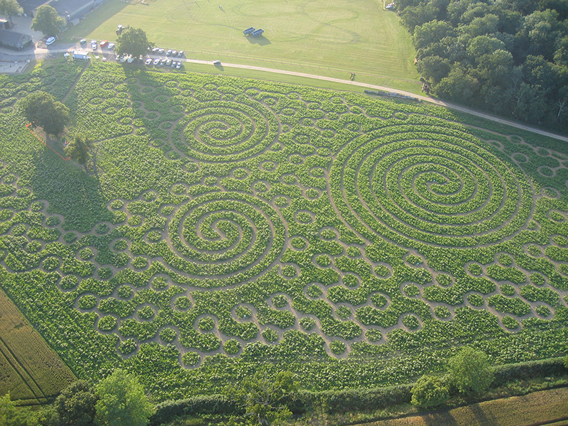 Every year Blake House Craft Centre grows a field of maize and in late summer it is tall enough to be cut to create a maze for visitors to walk in. There have been some great designs over the years and here are just a few that we have snapped on our Essex balloon rides from Blake House over the years.