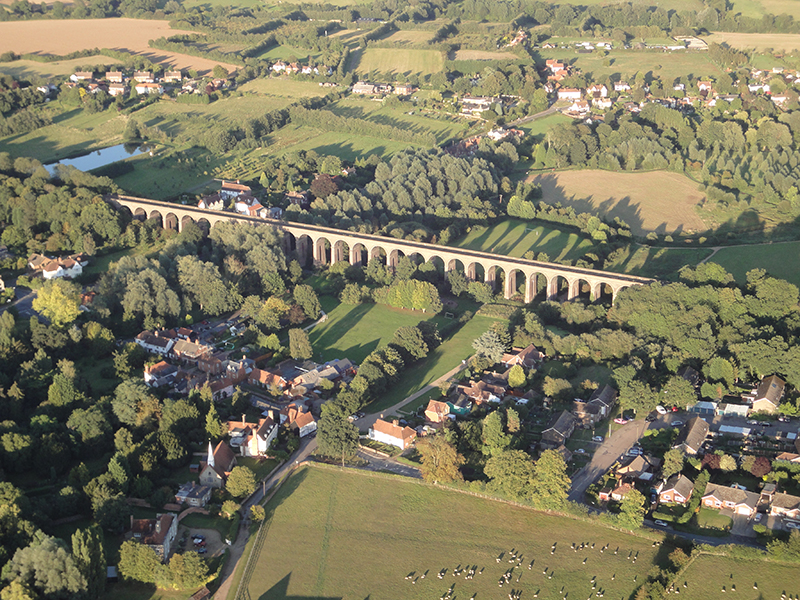 The Chapple Viaduct stands an impressive 80 feet above the Colne Valley and is the second largest brick built structure in the country. A listed building, it spans over 1000 feet in length and is easily seen from a distance on our hot air balloon rides over Essex. It&rsquo;s considerable history can be enjoyed at
http://www.chappel.org/cpc_62.shtml