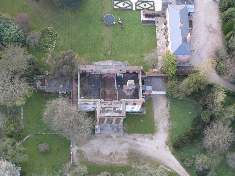 Here are a series of pictures taken from the air on balloon rides over Essex of the remains of the Georgian mansion, Felix Hall. This architectural oddity has a habitable ground floor area inside the burned out remains which remain structurally sound. The landscaping and trees of the original setting of the now divided properties on the site can be appreciated from these excellent aerial views taken from the steady platform afforded by a hot air balloon basket as it drifts past

Click here
&nbsp;To find out how much a balloon flight over Essex costs
