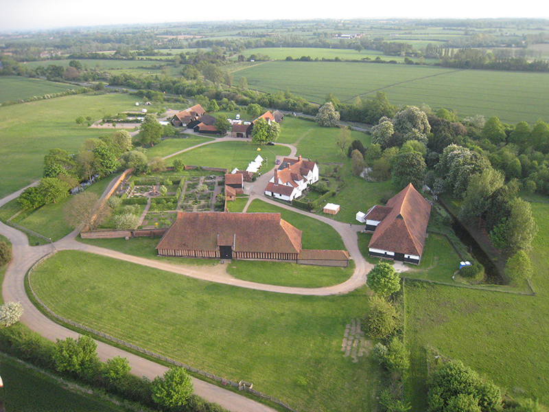 These fine barns at Temple Cressing which were built by the Knights Templar in the 13th century are typical of the interesting buildings and sites dotted around Essex that you may see on our balloon rides. The walled garden alongside is also a fine historical piece restored to house the plants typical at the time of its creation in the Tudor period